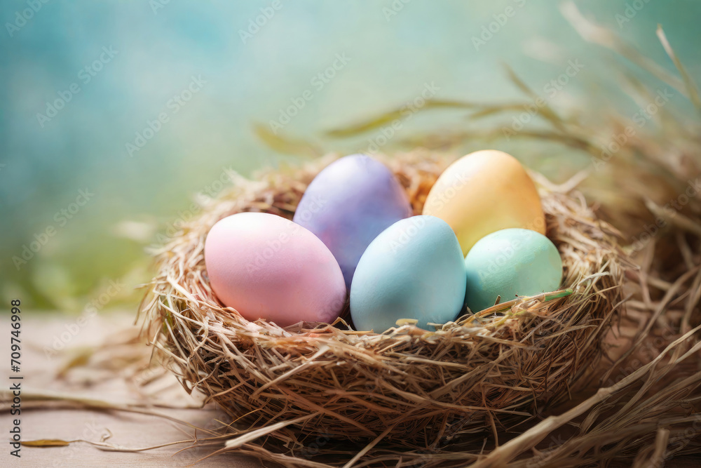 Colorful easter eggs in a bird's nest made of hay. Soft natural bokeh background Colorful easter eggs in a bird's nest made of hay. Soft natural bokeh background