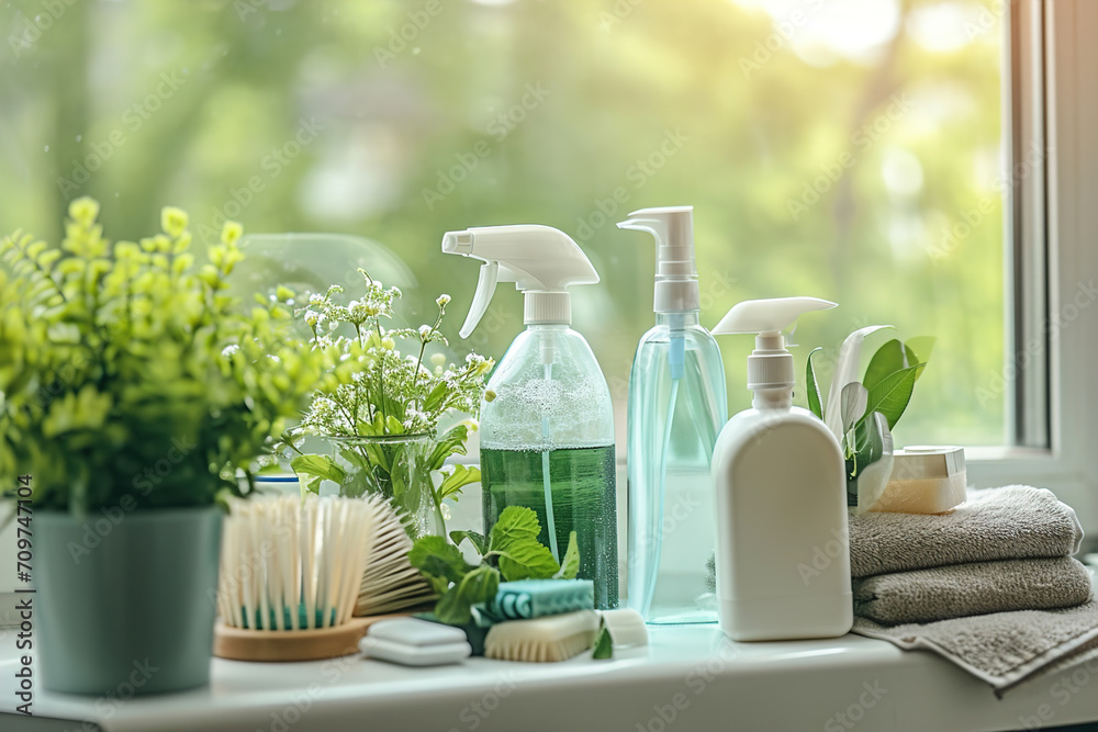 Eco-friendly cleaning supplies and practices in a household. Eco-friendly cleaning supplies and practices in a household.