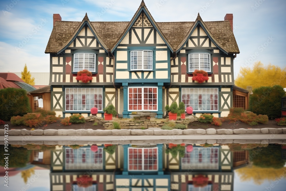 tudor house reflected in pond with diamond windows visible