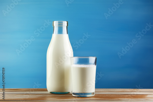 Milk bottles and glasses on wooden table blue background