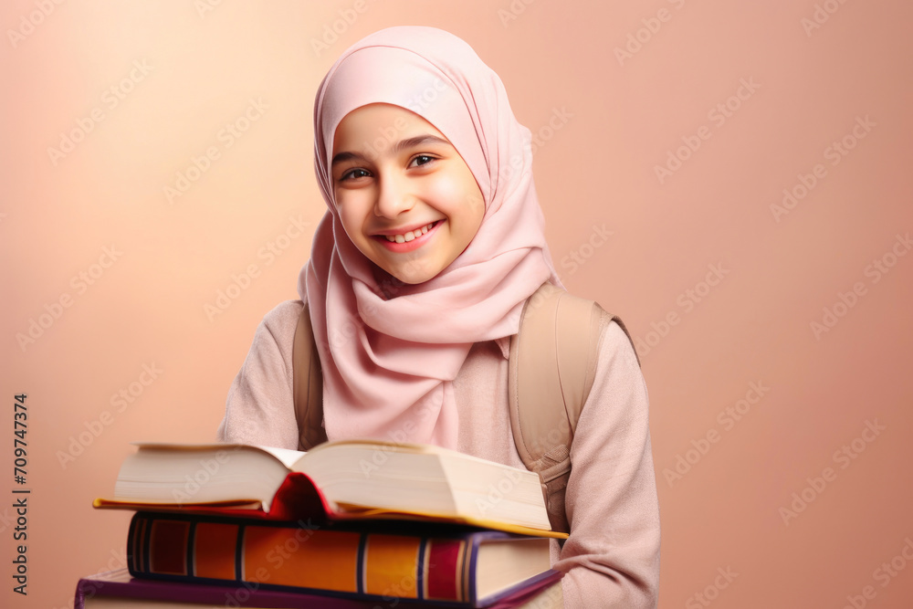 Hijab Chic at School: Playful Student on Plain Background Hijab Chic at School: Playful Student on Plain Background