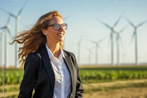 Woman controls energy industry specializing in production of energy from renewable energy sources. Woman leader stands on field against windmills