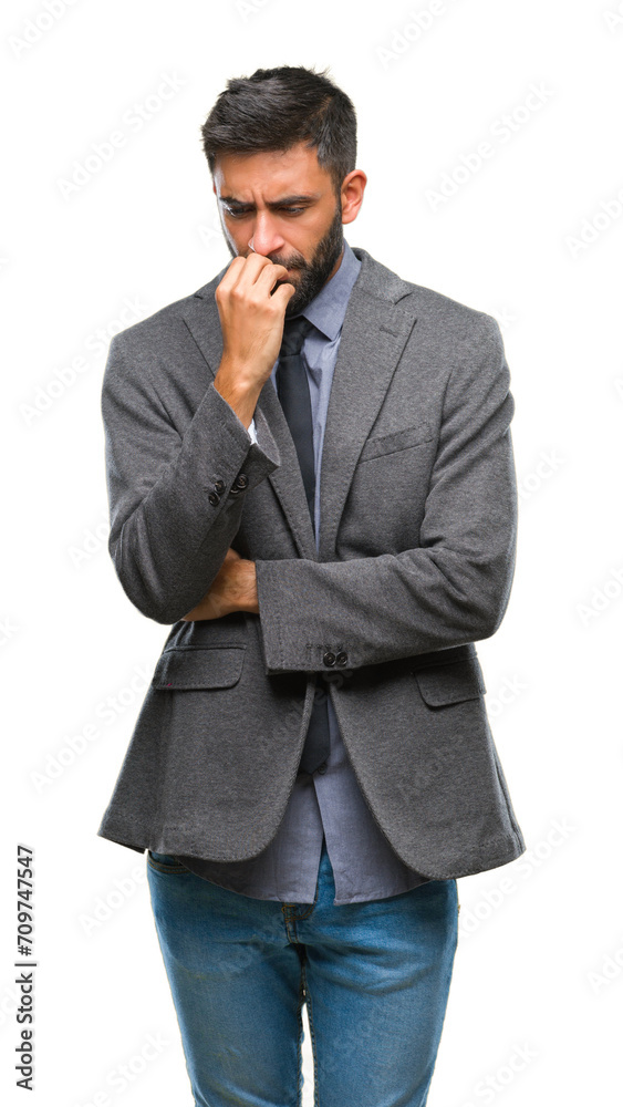Adult hispanic business man over isolated background looking stressed and nervous with hands on mouth biting nails. Anxiety problem. Adult hispanic business man over isolated background looking stressed and nervous with hands on mouth biting nails. Anxiety problem.