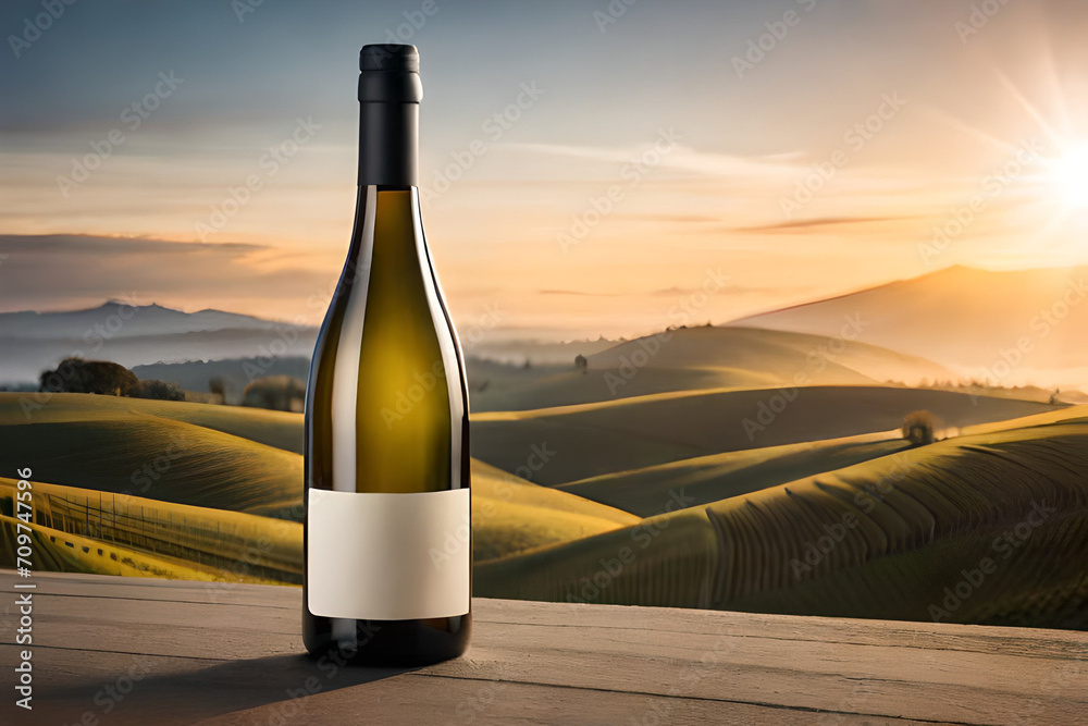 one  750ml wine bottle with white label , wine branding mockup , natural landscape background