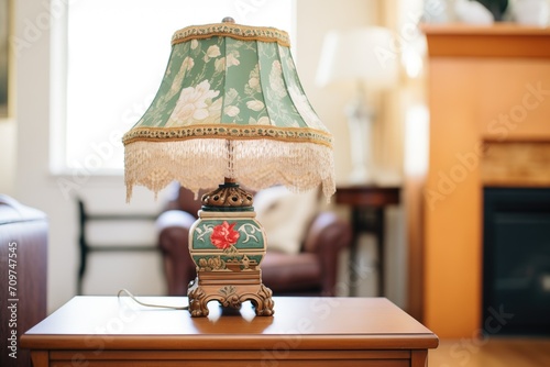 victorianstyle lamp with tasseled shade on side table photo