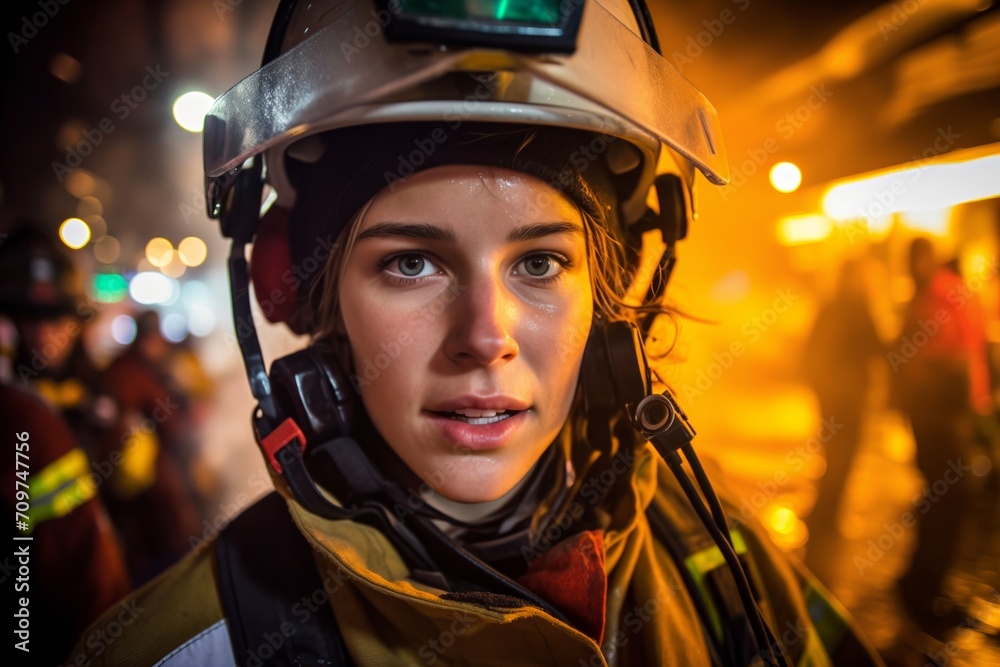 Courageous female firefighter commanding team at rescue operation. Heroine firefighter works in dangerous job constantly saving lives of people, close-up Courageous female firefighter commanding team at rescue operation. Heroine firefighter works in dangerous job constantly saving lives of people, close-up