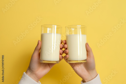 Female hands holding vegan milk glasses on yellow background.