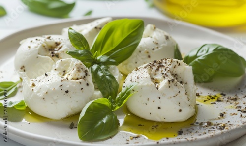 Mozzarella cheese topped with fresh basil and ground pepper with a single olive on the side.