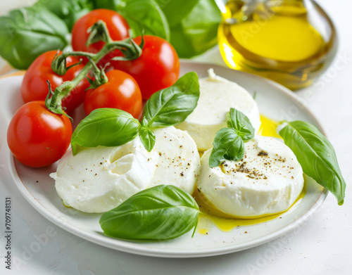 Fresh mozzarella and tomato salad dressed with basil with a side of olive oil. 