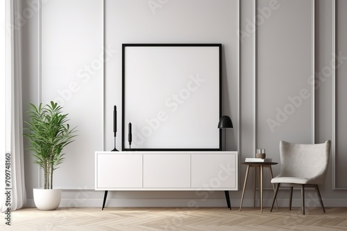 Minimalist Living  Empty Poster Frame Adorning Cabinet in Contemporary Living Room  Empty Poster Frame  Living Room Decor  Minimalist Design  Interior Styling 