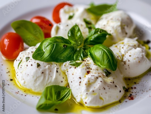 Fresh mozzarella and tomato salad dressed with basil and olive oil.