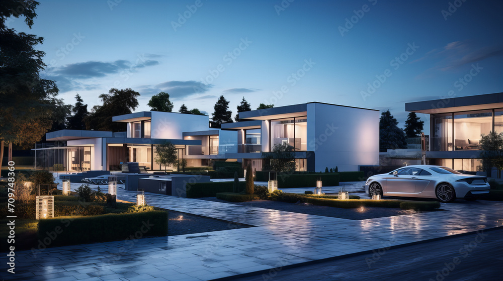 Luxurious Dusk Estates, Modern luxury homes illuminated at twilight, showcasing contemporary architecture and opulent living in a high-end residential area