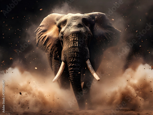 Wallpaper with attacking African elephant. Edited AI illustration with animals. © Lunstream
