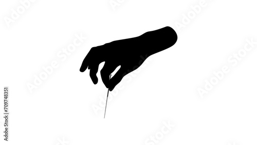 acupuncture, hand with needle, black isolated silhouette