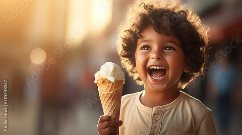 beautiful cute young baby kid child boy model guy holding and eating a gelato ice cream in a cone outside in a city on a sunny day  8 March  Valentine day  Birthday party  International women day