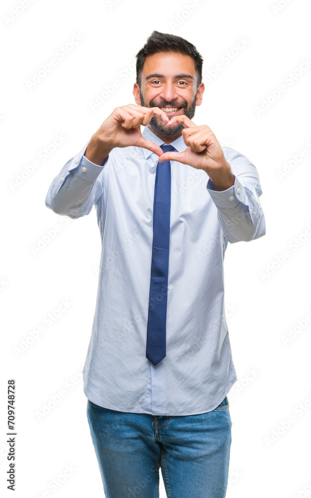 Adult hispanic business man over isolated background smiling in love showing heart symbol and shape with hands. Romantic concept. Adult hispanic business man over isolated background smiling in love showing heart symbol and shape with hands. Romantic concept.