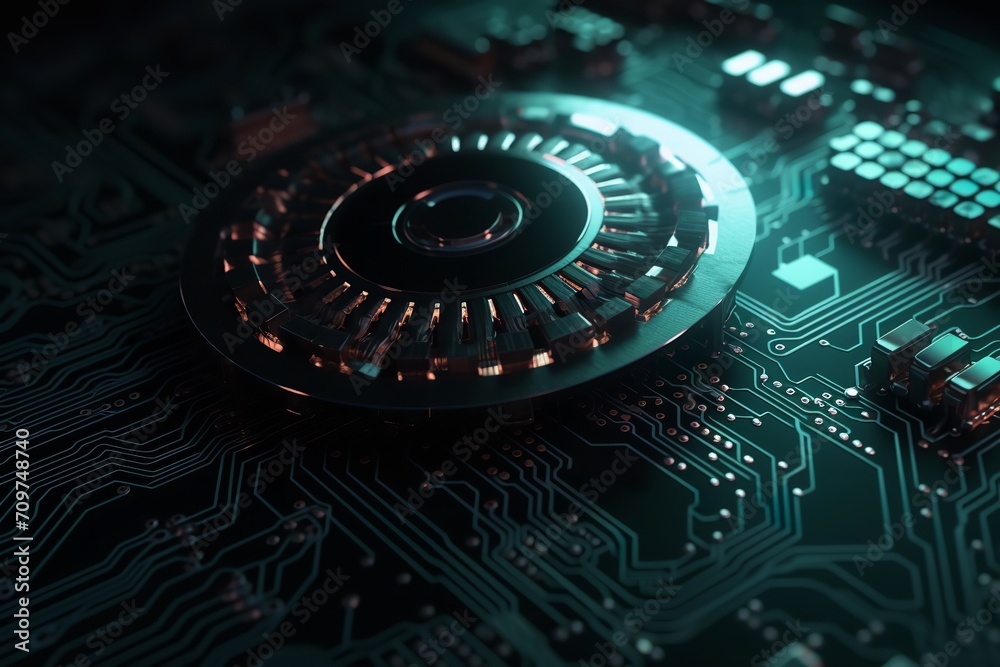 Cybernetic Symphony: Gear Wheel on Circuit Board Illustration Embracing Hi-Tech Brilliance, Hi-Tech Illustration, Gear Wheel, Circuit Board, Cybernetic, Technology Background, Cybernetic Symphony: Gear Wheel on Circuit Board Illustration Embracing Hi-Tech Brilliance, Hi-Tech Illustration, Gear Wheel, Circuit Board, Cybernetic, Technology Background,