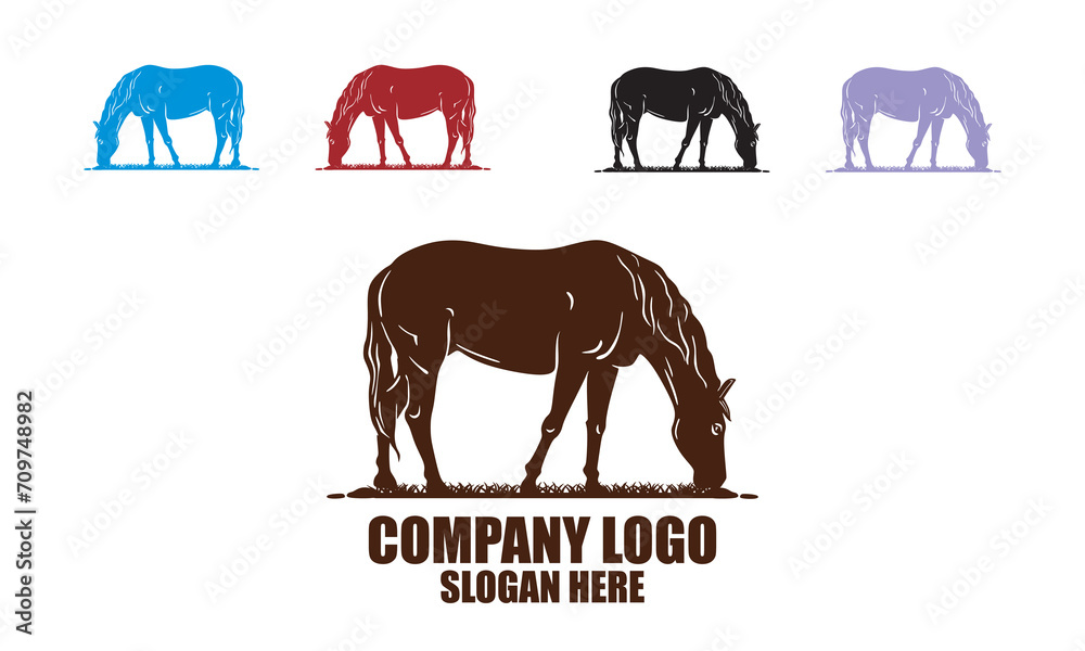 Obraz premium STRONG AND HAPPY HORSE EATING GRESS LOGO, silhouette of great mane at ranch vector illustrations