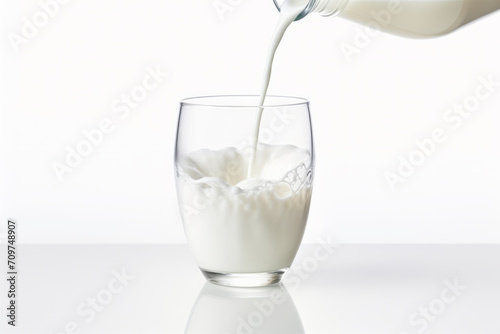 Milk pouring into glass on white background.