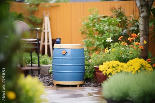 rainwater barrel in a garden setting