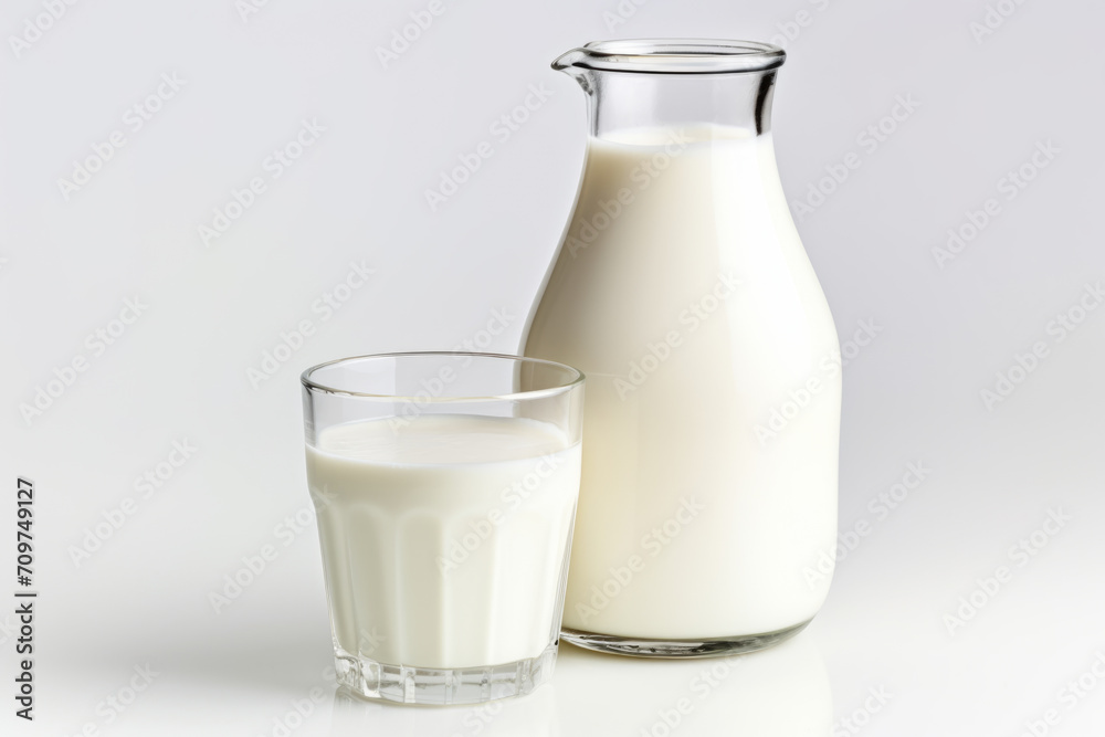 Closeup of natural whole milk in jug and glass Closeup of natural whole milk in jug and glass