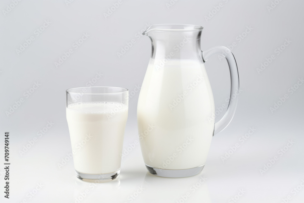 Closeup of natural whole milk in jug and glass Closeup of natural whole milk in jug and glass