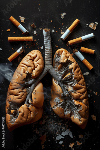 Lung cancer prevention. World no tobacco day. Smoking prevention. Lungs and cigarettes on dark background. Ashtray with cigarette butts. Concept of breathing health and life.