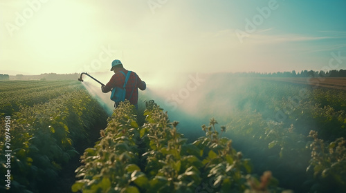 farmer sprays a potato plantation with a sprayer chemical treatment. mist sprayer, fungicide and pesticide. effective crop protection of cultivated