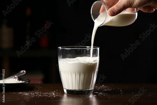 Milk poured into glass on table.