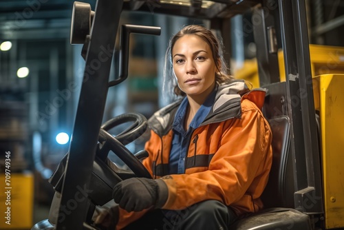 Mature woman employee driver operates forklift in huge warehouse. Focused woman obtains position in company storehouse wearing special uniform