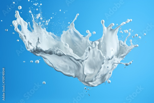 Milk splash on blue background. Dairy concept. photo