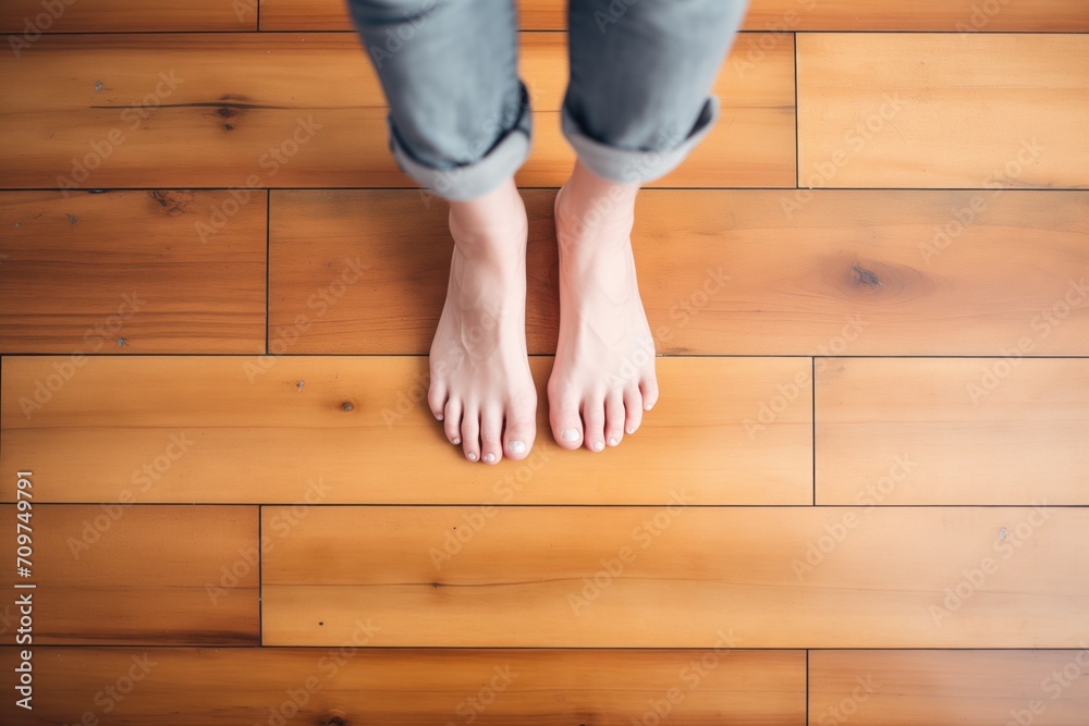 feet standing on a smooth wooden plank floor feet standing on a smooth wooden plank floor