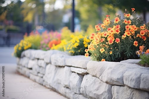 stone retaining wall with flowering shrubs photo