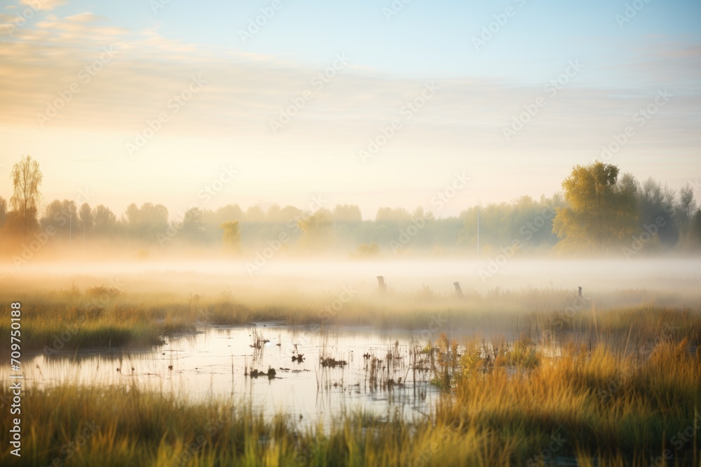 Fototapeta premium early morning mist rising from a wetland