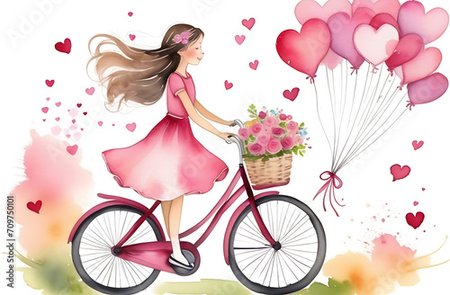 girl in a pink dress on a bicycle with a basket of pink flowers and heart-shaped balloons