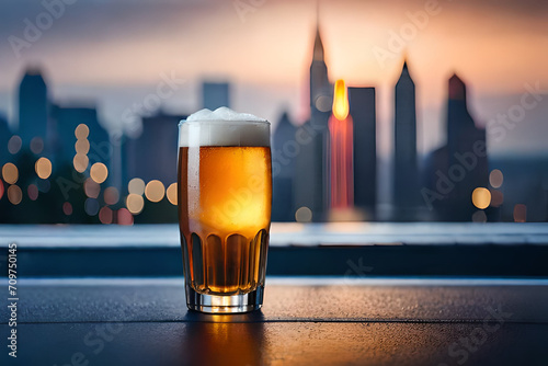 large pint of beer on a  bar counter , bokeh city background