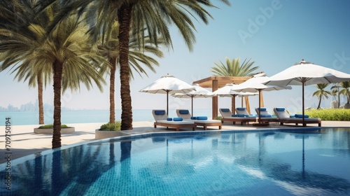 Umbrella and chair around outdoor swimming pool in resort hotel for vacation. blue water and sun loungers. luxury holiday