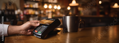 A cozy cafe scene with a card payment terminal in foreground, a bouquet of orange tulips and a blurred human figure against a warm, sunlit background. Payment technology in retail. Banner. Copy space