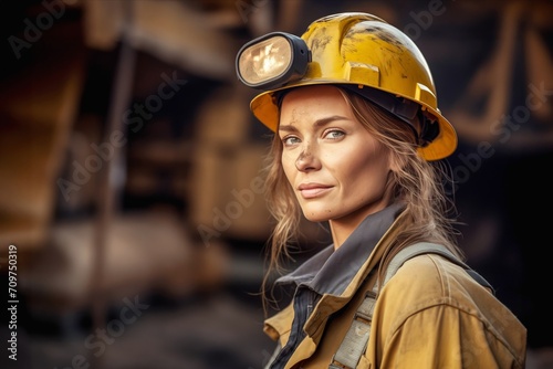 Woman professional miner in protective helmet works in mine. Female leader with dirty face takes man position doing heavy work underground