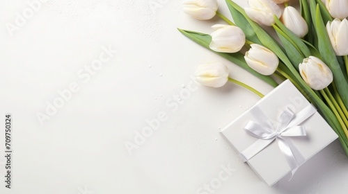 white tulips and gift, box with ribbon. card for Valentine's Day, March 8, Mother's Day, Birthday. Place for text