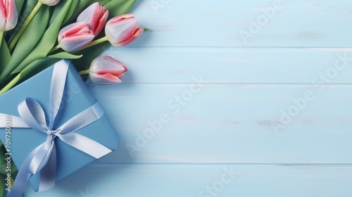 tulips and gift  box on a blue background. card for Valentine s Day  March 8  Mother s Day  Birthday. Place for text