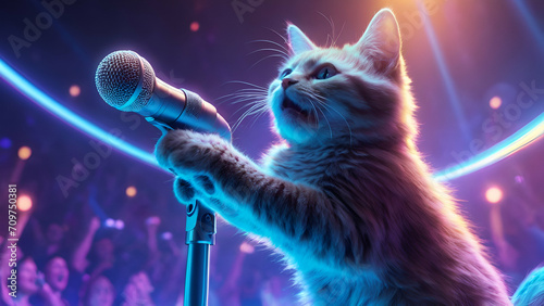 A futuristic cat with a glowing microphone, surrounded by a holographic audience as it performs a mesmerizing song photo