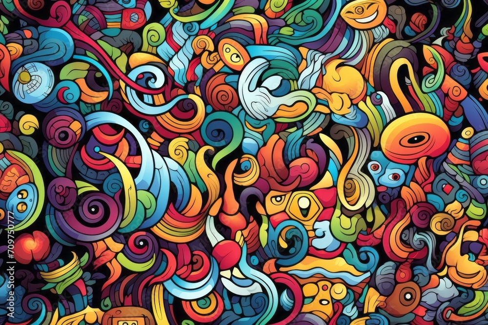 Cartoon cute doodles of abstract surreal elements, intricately designed to form a mesmerizing and detailed seamless pattern, Generative AI 