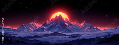 Crimson Horizon, A Majestic Peak Embracing the Fiery Heart of a Scarlet Sun