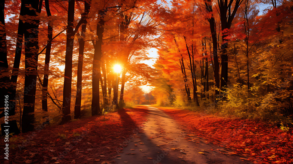 a vibrant autumn forest with leaves ablaze in hues of red and orange, as the sun sets, creating a rich and colorful HD view of nature's seasonal beauty
