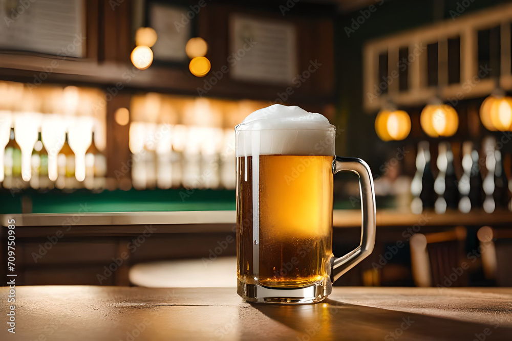 large jug of beer on a bar counter , bokeh background large jug of beer on a bar counter , bokeh background