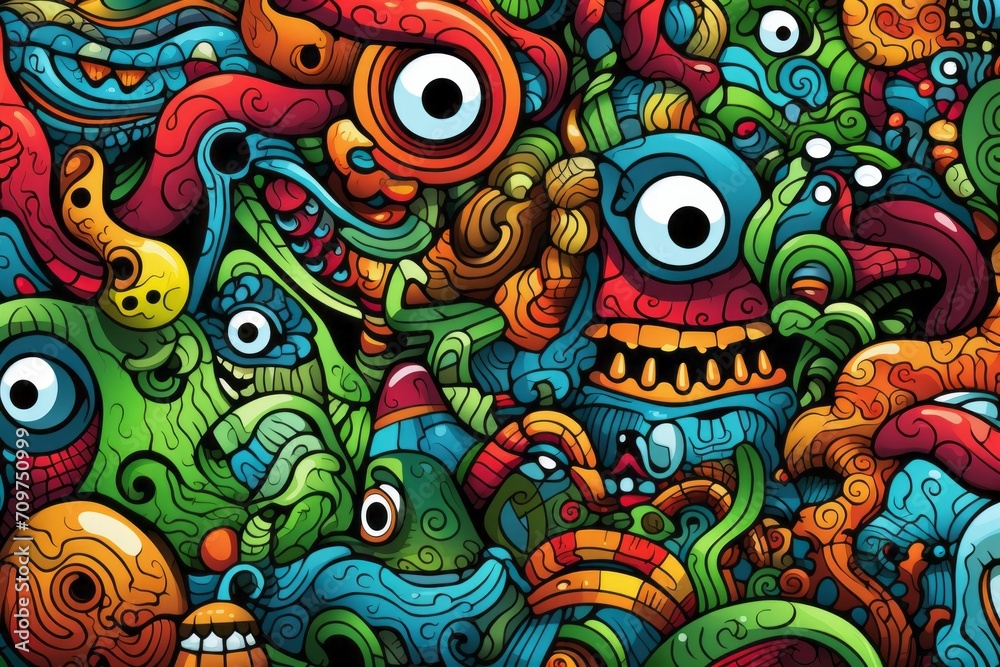 Cartoon cute doodles of abstract surreal elements, intricately designed to form a mesmerizing and detailed seamless pattern, Generative AI