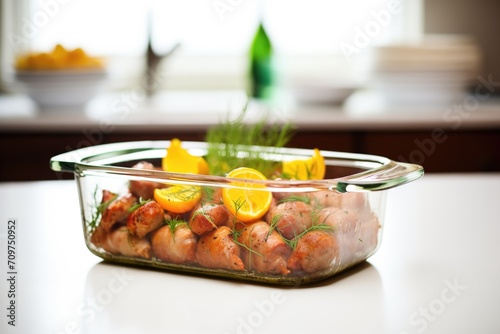 bacon-wrapped sausages in a glass casserole dish