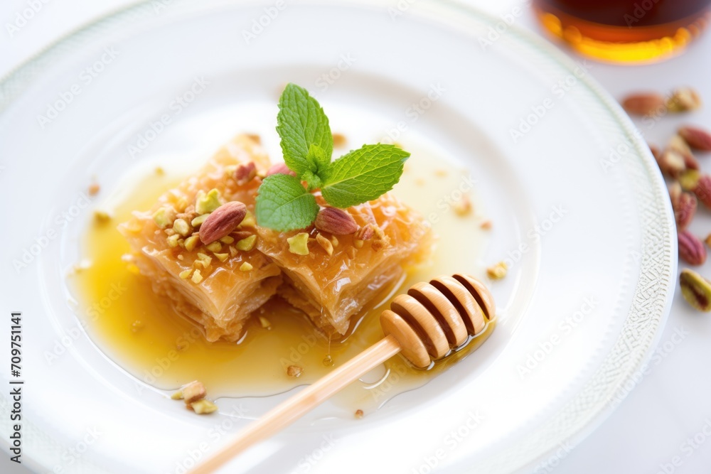 fresh baklava on a white plate, drizzled with honey