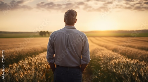 A pensive man stands amid a golden wheat field, gazing at the sunset, embodying agricultural dedication and the beauty of rural lif © Philipp